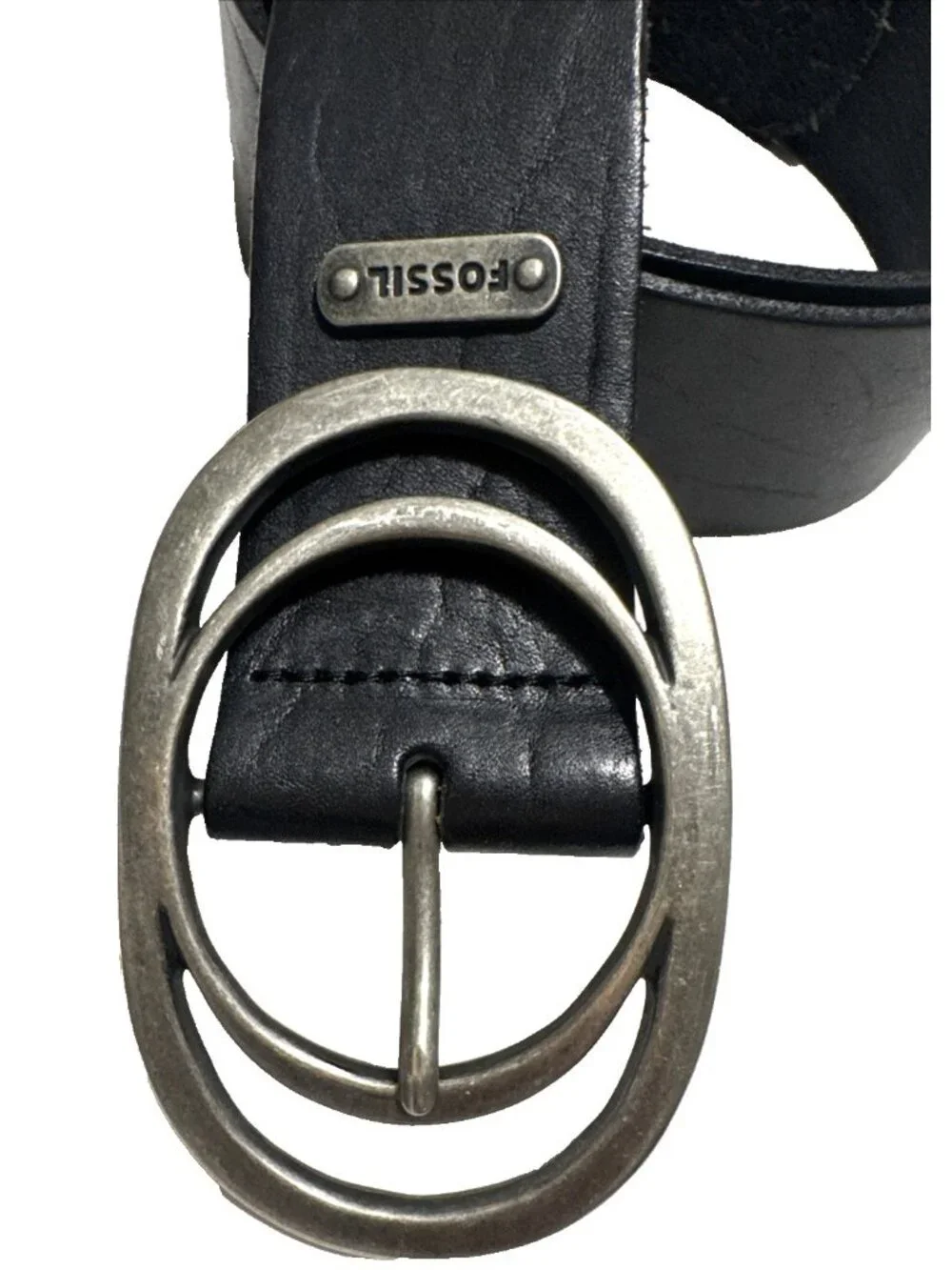 Fossil Black Leather Belt with Silver Metal Buckle Size Medium